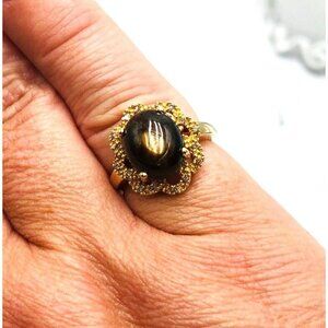 Estate 14K Yellow Gold Brown Moonston& Diamond Ring Size 6.25 Weight 4 Grams